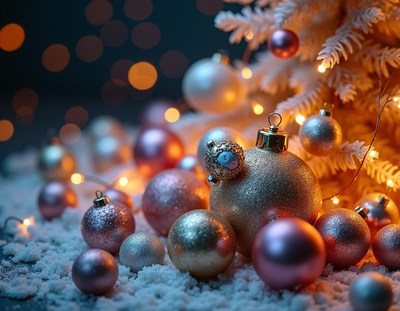 Pink and gold ornaments sit on a snowy table