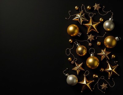 Gold ornaments and stars on a black background