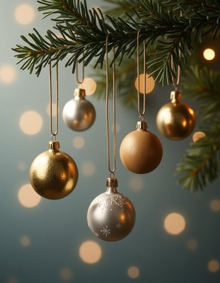 Gold and silver ornaments dangle from a tree branch