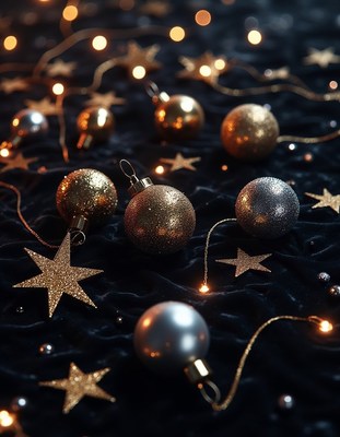 Gold and silver ornaments with lights on dark surface