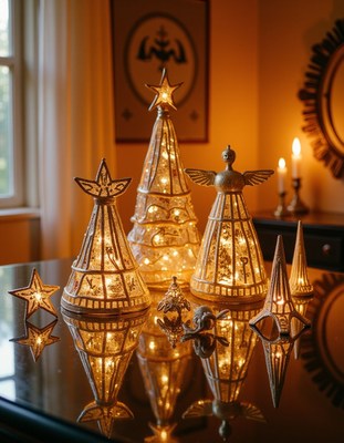 Gold christmas trees sit on a table