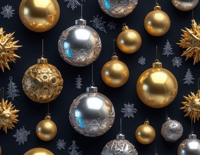 Golden and silver ornaments hang against a dark background