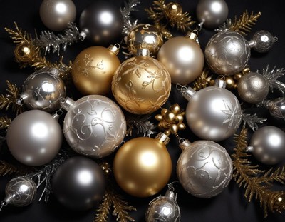 Silver and gold ornaments with festive sprigs