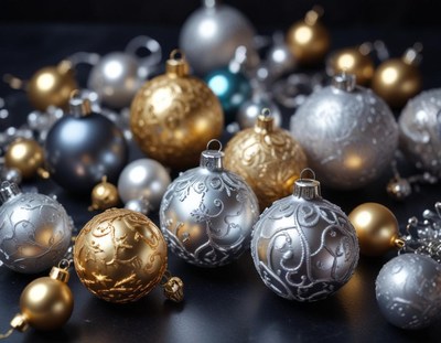Gold and silver ornaments decorate a dark surface