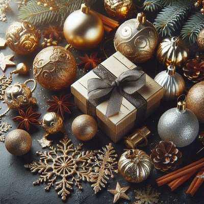 Gift box with black ribbon, gold, and silver ornaments