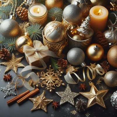 Gold and silver ornaments sit on a dark surface