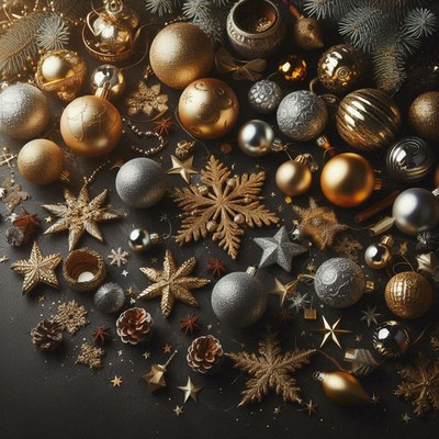 Golden and silver ornaments on a black background