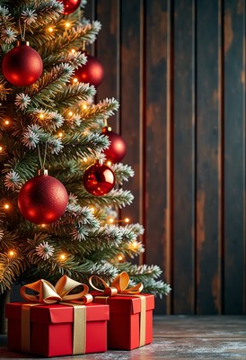A christmas tree with red ornaments and gifts