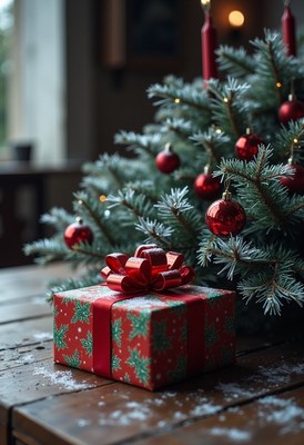 A red gift box sits under a christmas tree