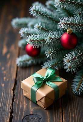Brown gift box with green bow under christmas tree