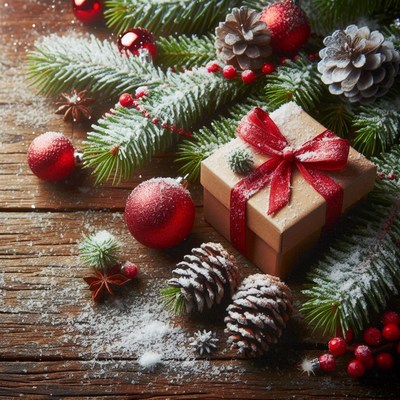 A snowy christmas present sits on a wooden table
