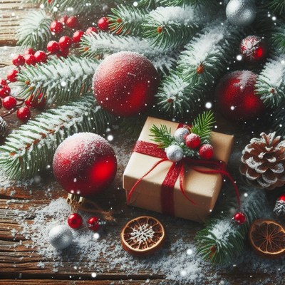 A snowy christmas present under a pine branch