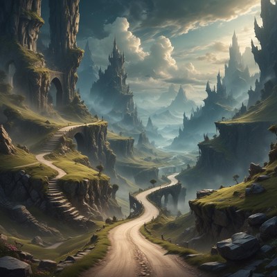 A winding road winds to a misty valley castle