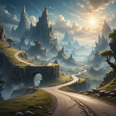 A winding road through a misty valley and mountains