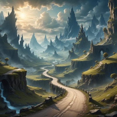 A winding road leads through a valley of towering cliffs