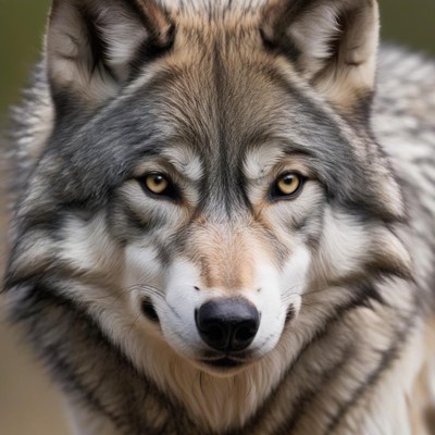 A grey wolf stares intensely at the camera