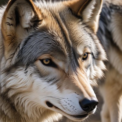 A wolf looks intently at the camera