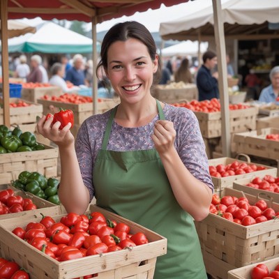 A woman smiles at a farmers market
