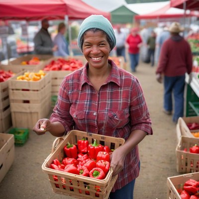 Woman smiles with a basket of red peppers