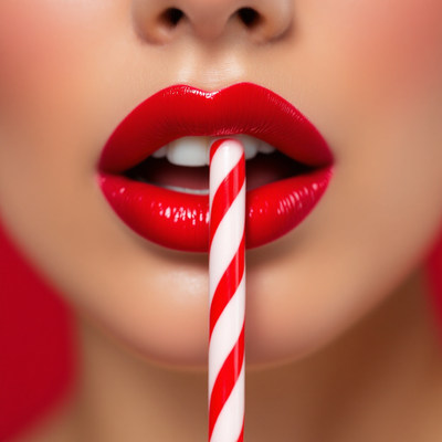 Red lips hold a candy cane