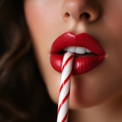 A woman bites a red and white candy cane