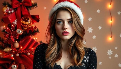 Young woman in a santa hat by a christmas tree