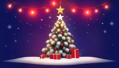 A decorated christmas tree sits in the snow