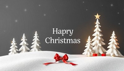 A snowy christmas scene with a gift and trees