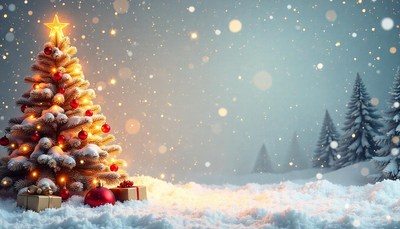 A decorated christmas tree stands in the snow