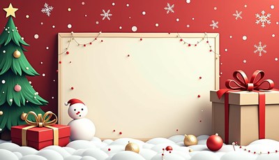 A red christmas tree and gifts sit in front of a blank sign