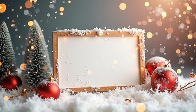 Blank frame in snow with christmas trees and decor