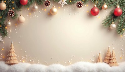 A festive scene with ornaments and mini trees