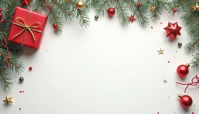 Red gift box with pine and ornaments on white