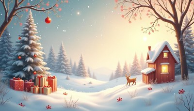 Snowy tree by a cozy cabin in winter woods