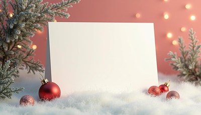 A white card sits in the snow with red ornaments around it