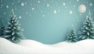 Three snowy pines on a hill with falling ornaments