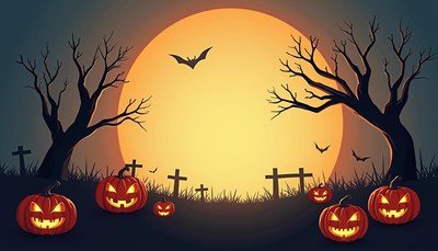 Jack-o'-lanterns glow under the full moon on halloween night