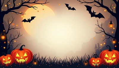 A spooky halloween night scene with jack-o'-lanterns