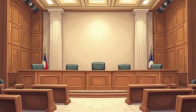 A courtroom with empty chairs, waiting for the next case