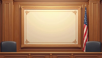 A blank framed sign hangs in a courtroom