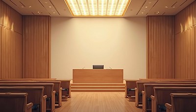 An empty auditorium with wooden pews and a podium