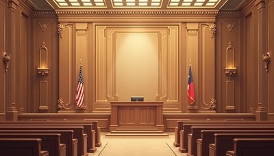 A courtroom with a wooden desk and rows of empty benches