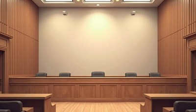 An empty courtroom awaits the start of a trial