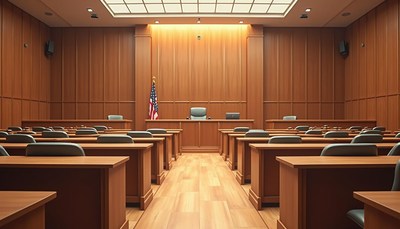 Empty courtroom with wooden desks