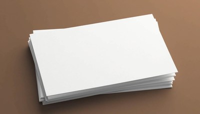 A stack of blank white cards sits on a brown surface