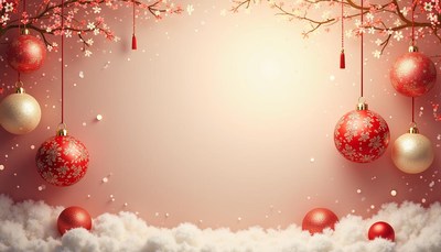 Red and white ornaments hang from a cherry blossom branch