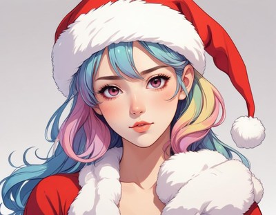 A woman with blue and rainbow hair wears a santa hat