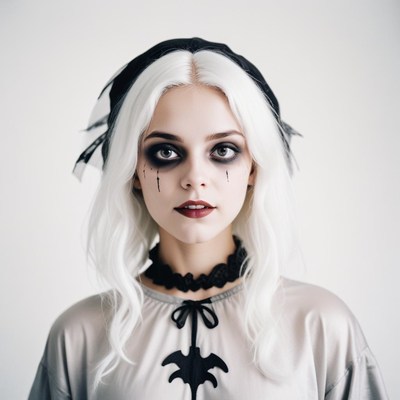 White-haired woman with dark makeup gazes at camera