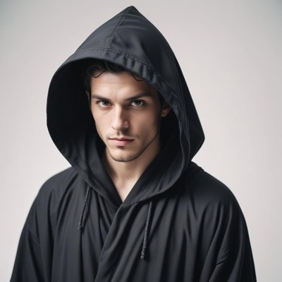 A man in a black robe and hood stares intensely