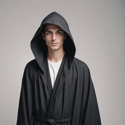 A man in a black robe stands against a grey background